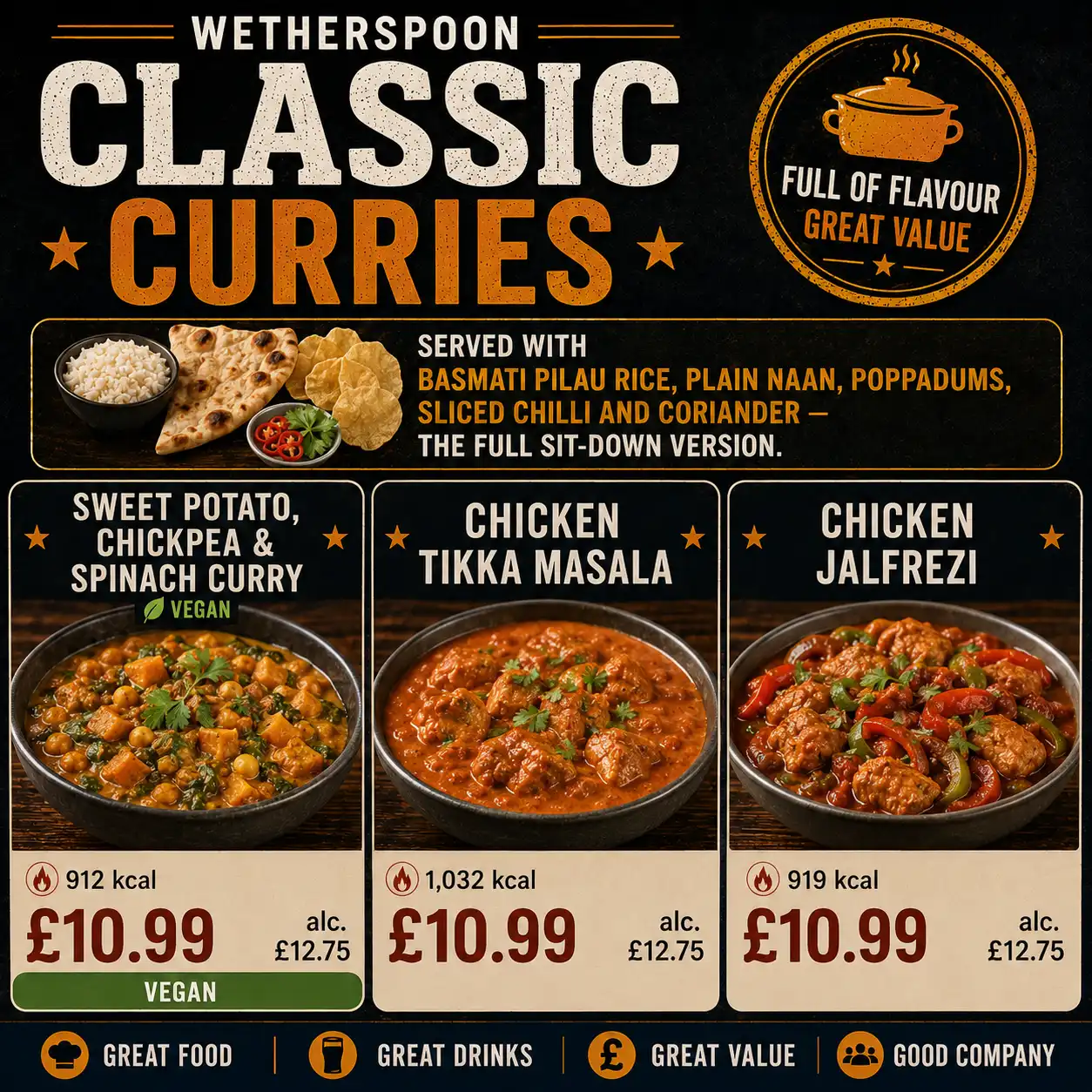 Wetherspoon curries menu with Classic, Simple and Katsu curry options