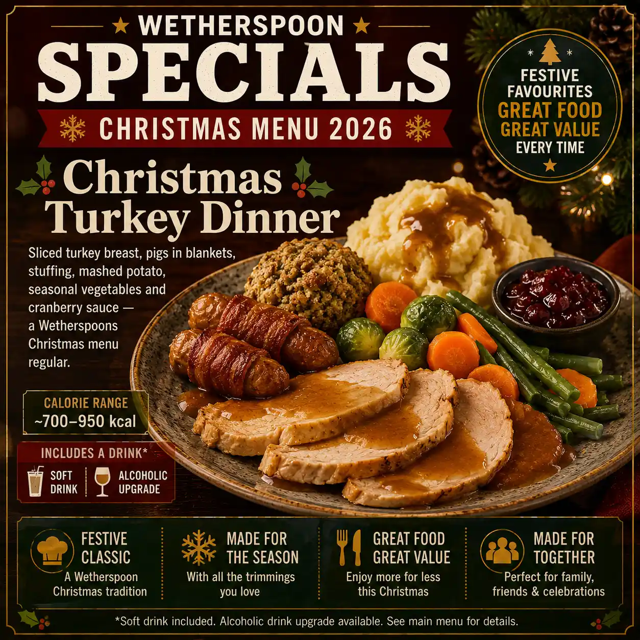Wetherspoons Christmas Turkey Dinner special with pigs in blankets and stuffing
