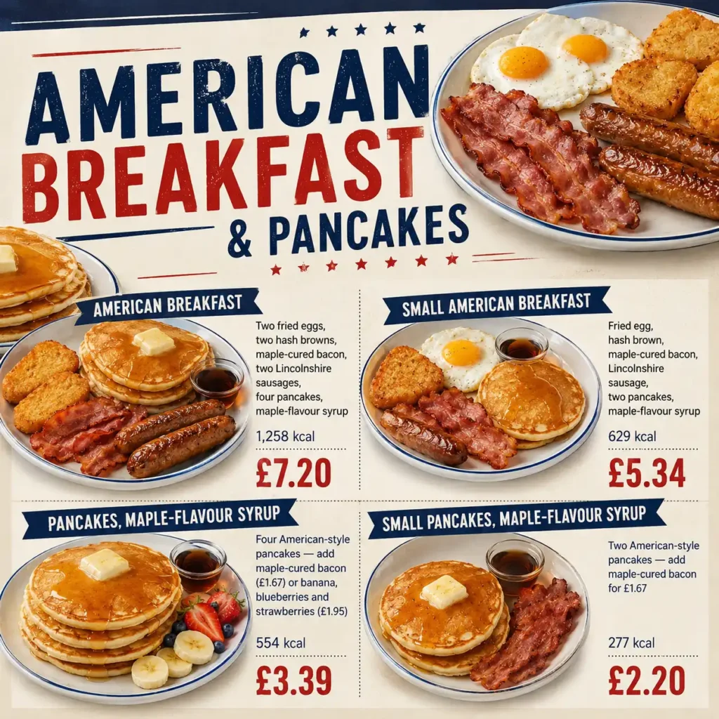 Wetherspoons American breakfast with pancakes, maple-cured bacon and syrup