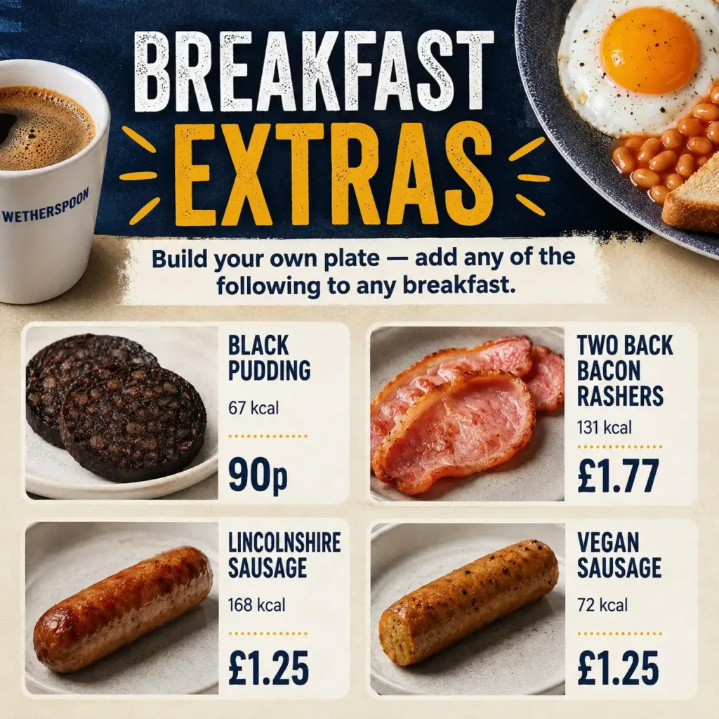 Wetherspoons breakfast extras: black pudding, hash browns, mushrooms and beans