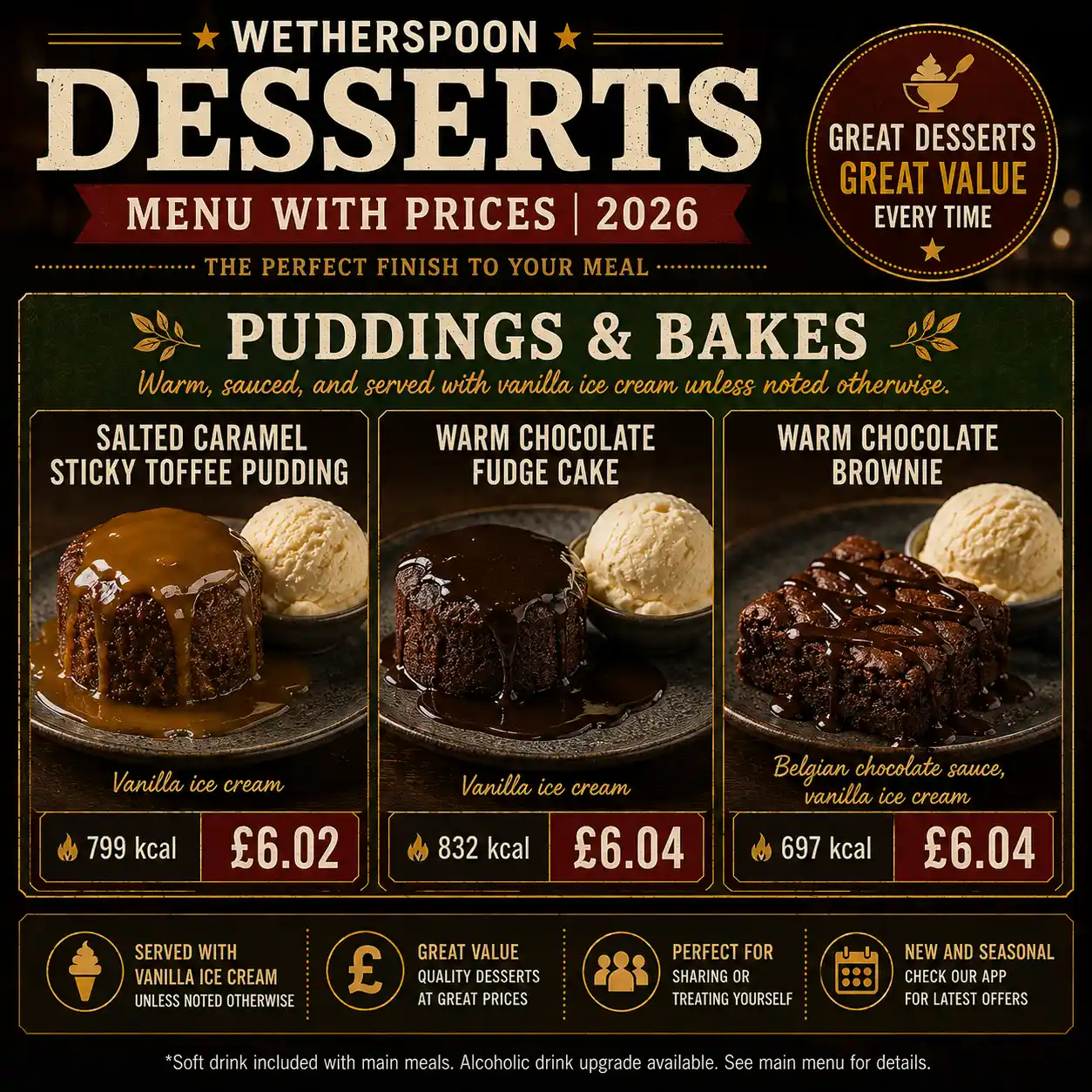 Wetherspoon salted caramel sticky toffee pudding with vanilla ice cream